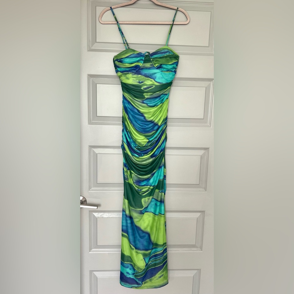 Lane 201 Mood Setter Maxi Dress Green Blue Abstract Ruched Medium